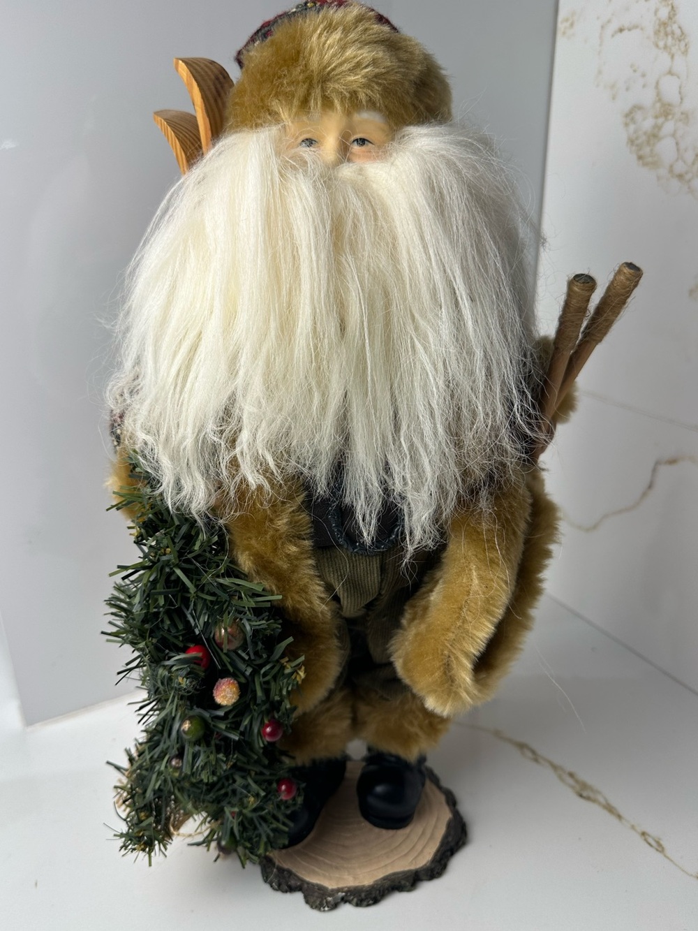 Vintage Woodland Santa Father Christmas Figurine with Skis & Tree